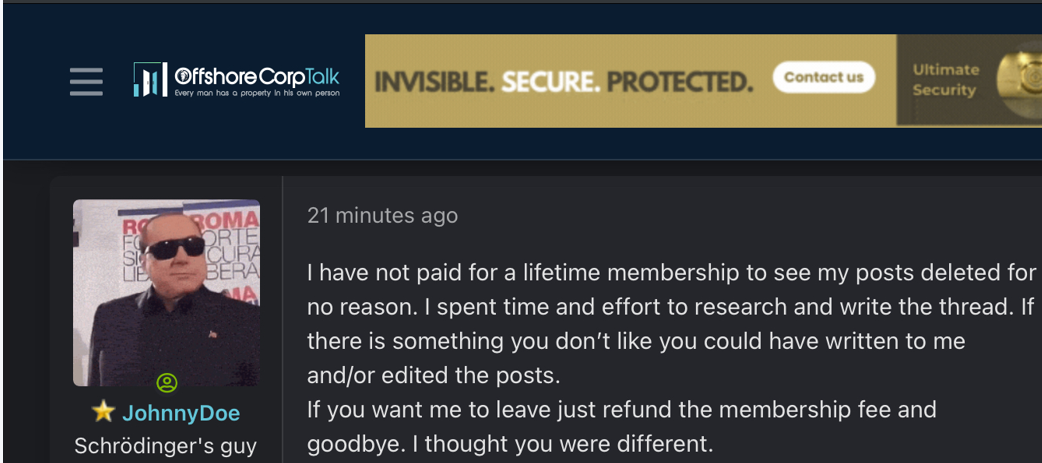 Offshore Corp Talk - banned me permanently